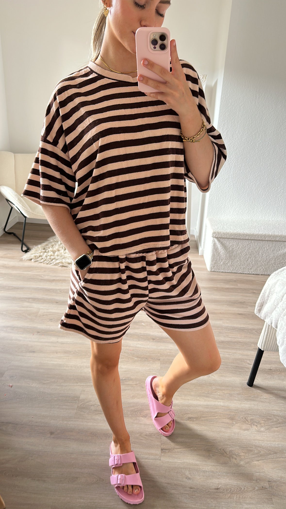 Zweiteiler Frotteestoff -braun/rosé gestreift
